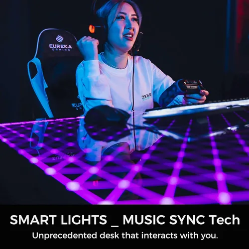 Miniatura 9 de EUREKA ERGONOMIC Escritorio de Juegos en Forma de L Reversible de 60 Pulgadas de Vidrio Negro con Luces LED RGB, Mesa de Computadora para Oficina