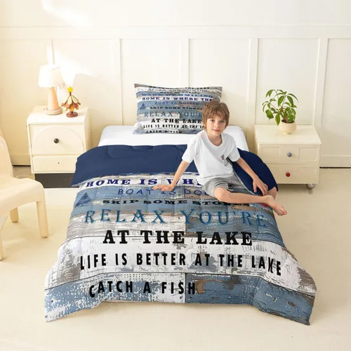 Miniatura 41 de Erosebridal Juego de edredón de barco muelle, juego de ropa de cama con diseño de paleta de lago, tamaño individual para niños, adolescentes
