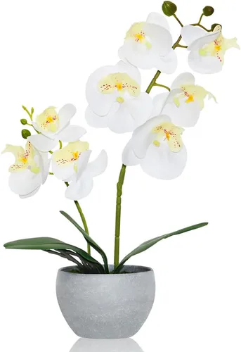 Miniatura 9 de Flores artificiales de orquídea morada, 2 tallos en maceta gris, flor de orquídea sintética en maceta para el hogar, mesa de baño, sala de estar