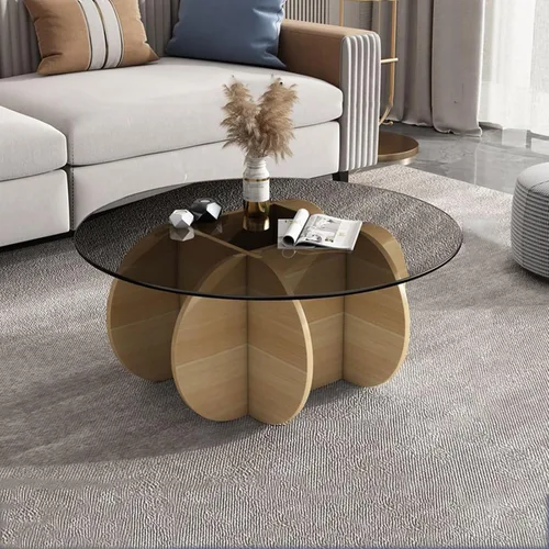 Miniatura 17 de HM&DX Mesa auxiliar redonda de cristal, base de madera maciza y parte superior de vidrio templado transparente, mesa auxiliar de café, mesa central