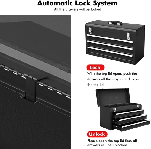 Miniatura 3 de Goplus Caja de herramientas con 3 cajones, organizador portátil de 4 niveles de 52 cm con bandeja superior para herramientas, cerradura automática