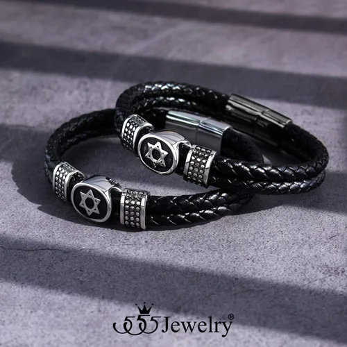 Miniatura 6 de 555Jewelry - Pulsera de piel trenzada de acero inoxidable con diseño de estrella de David para hombre
