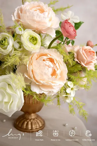 Miniatura 2 de Ling's moment Caja de Flores Falsas, Tallos de Follaje Artificial Falso Rosas de Espuma Peonía de Seda Ranúnculo Flor de Tela para Centros de Mesa