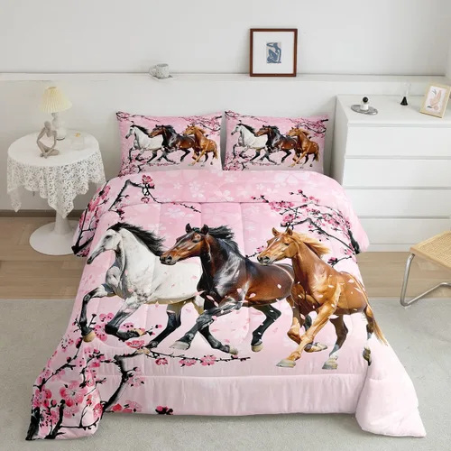 Miniatura 13 de Feelyou Juego de edredón tamaño individual con diseño de caballo y cerezo en flor de galope para niños, adolescentes, edredón occidental, decoración