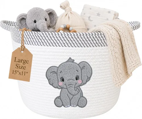 Miniatura 14 de Cesta de almacenamiento de conejo para guardería, cubo grande de cuerda de algodón de 15 x 11 pulgadas con parche bordado suave de conejo