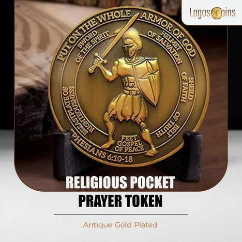 Miniatura 4 de 1 moneda de desafío de armadura de Dios, versículo bíblico de Efesios 6:10, moneda de desafío cristiano chapada en oro antiguo de 1.75 pulgadas