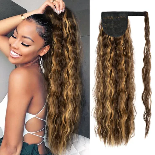 Miniatura 14 de rosmile Extensión de cola de caballo con ondas de maíz, alrededor de 26 pulgadas de largo, rizada, ondulada, extensión de cola de caballo sintética