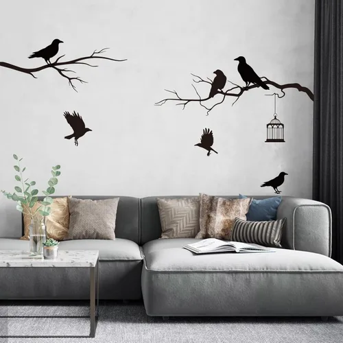 SUPERDANT Adhesivo de pared de cuervo gótico, calcomanías de pared de ramas de árbol, pájaros negros, decoración de arte para familia, hogar, sala