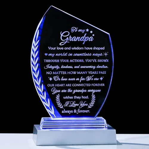 Qianwei Regalos de cumpleaños para el abuelo de los nietos, placa de cristal único regalo para mi abuelo con base LED colorida, regalo para el