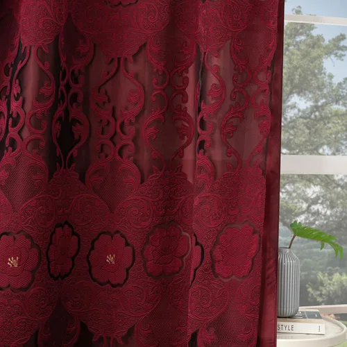 Miniatura 3 de Petrichor Cortinas de gasa jacquard transparente borgoña (54 pulgadas de ancho x 63 pulgadas de largo), 2 paneles con cenefa adjunta, diseño floral