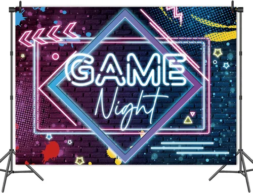 Miniatura 4 de Fondos de fotografía con temática de noche de juegos, fondo de fotos de neón brillante, 5 x 3 pies, para juegos en fiestas de cumpleaños, pijamadas