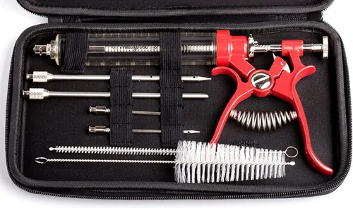 Inyector de Carne Pistola de Marinado de Acero Inoxidable Kit Exterior Jeringas de Alimentos con Sabor y 4 Agujas de Marinados para Parrilla BBQ Rojo