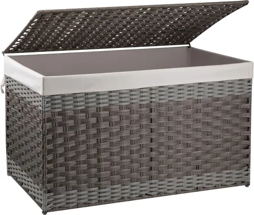OIAHOMY Cesta de almacenamiento con tapa, cesta de mantas de 42.3 galones (160L) con forro extraíble, cesta de mimbre sintético con asa, plegable,