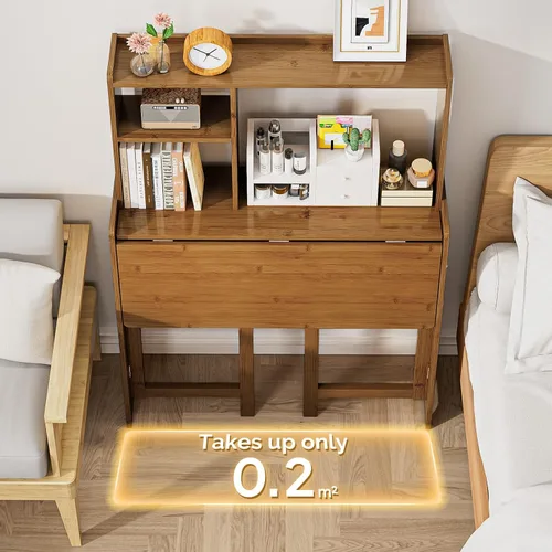 Miniatura 3 de Escritorio plegable de bambú de 31.1 pulgadas con estantería, escritorio compacto para computadora para espacios pequeños, escritorio plegable