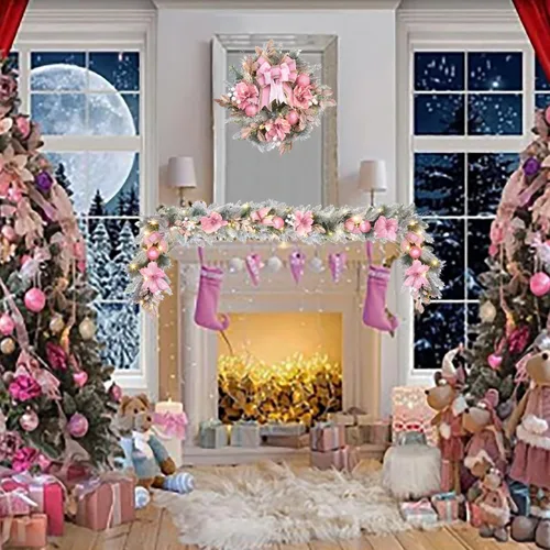 Miniatura 3 de Guirnalda de Navidad rosa de 6 pies para puerta delantera con 30 luces LED con temporizador, guirnalda festiva iluminada para vacaciones con copo