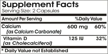 Miniatura 2 de Carbonato de calcio 600 mg y vitamina D 125IU ~ 200 cápsulas - Sin aditivos ~ Naturetition Supplements