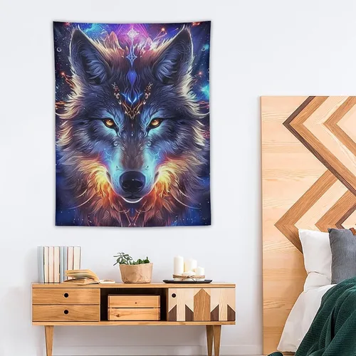Miniatura 4 de FeoYoed Tapiz para colgar en la pared, decoración estética para dormitorio, sala de estar, tapices de arte de pared, arte de lobo, galaxia