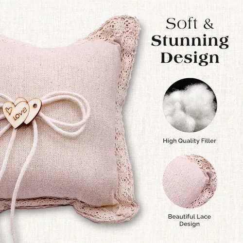 Miniatura 5 de SLS SUPPLY FLORA - Almohada de arpillera para portador de anillos de encaje, soporte clásico para anillos de boda, elegante almohada rústica