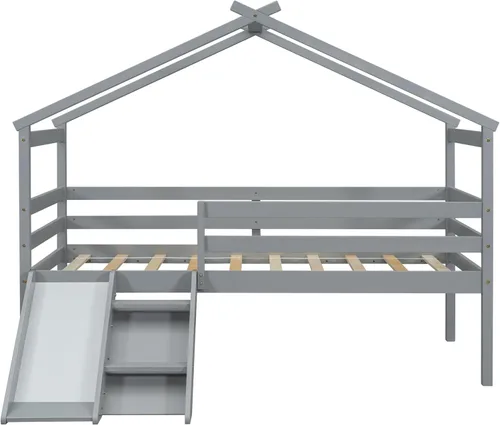 Miniatura 8 de Cama baja de tamaño individual con tobogán y escalera, marco de cama con barandillas de seguridad y techo en forma de casa, para dormitorio