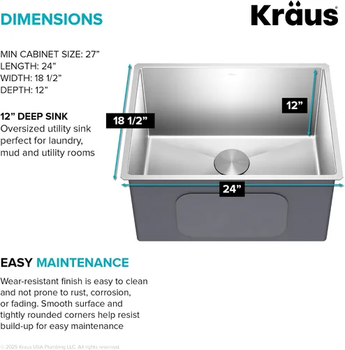 Miniatura 6 de Kraus KHU101-24L Standart PRO Fregadero de Una Sola Cubeta para Instalación Inferior de 24 pulgadas, Calibre 16, para Lavandería y Utilidad, 24
