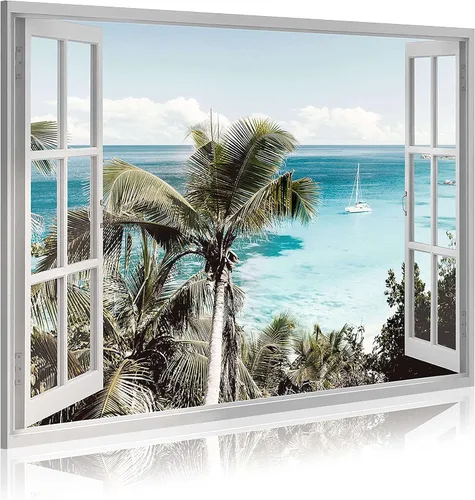 Sea Whisper Lienzo decorativo para la pared de la ventana de la playa: imagen costera del océano, impresión de palmeras tropicales sobre pintura