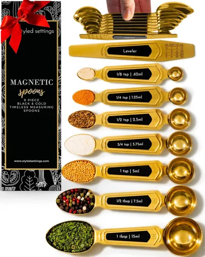 Cucharas medidoras magnéticas doradas con nivelador, con 8 piezas de estilo mejorado, de doble cara, apilables, juego de cucharas medidoras doradas