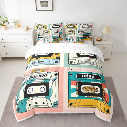 Miniatura 18 de Erosebridal Juego de ropa de cama de cassette vintage de los años 80 y 90, juego de edredón de 7 piezas para niños y adultos, retro, amarillo