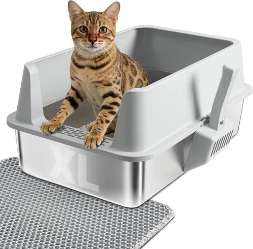Miniatura 10 de Paquete de 2 cajas de arena para gatos de acero inoxidable con tapa, litterox extra grande para gatos grandes con lado alto, antiadherente, fácil