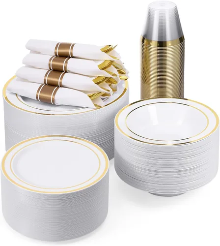 Miniatura 12 de BESTVIP - Juego de vajilla de plástico dorado transparente de 350 piezas para 50 invitados, plato desechable para fiestas de Navidad y Año Nuevo