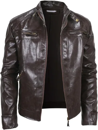 Miniatura 3 de Aipengry Chaqueta de piel sintética para hombre, cuello alto, piel sintética, con cremallera completa, chaqueta casual para motocicleta, abrigo