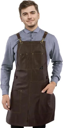 Miniatura 9 de Under NY Sky Delantal de cuero – correas cruzadas, pierna dividida, remachado, forrado – Piel auténtica para barberos, chef, camarero, barista Negro