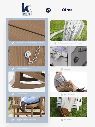 Miniatura 6 de KINGYES Silla mecedora Adirondack con otomano retráctil y portavasos, silla reclinable de patio Adirondack de HDPE para porche, patio, balcón, Teca
