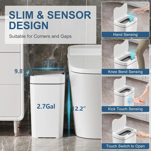 Miniatura 4 de Vanpopubs Paquete de 2 Botes de Basura de Baño de 2.7 Galones con Tapa, Bote de Basura Automático Pequeño Inteligente Sin Contacto, Sensor de Blanco