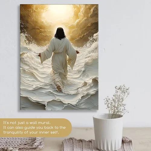 Miniatura 8 de Lienzo enmarcado dorado y blanco de Jesús caminando sobre el agua, arte de pared, póster religioso cristiano, cuadro de pintura de Cristo