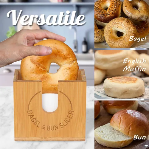 Miniatura 5 de Soporte grande ajustable para cortar bagel Soporte de corte de bagel de bambú con ranuras ajustables de ancho para bagels pequeños y grandes