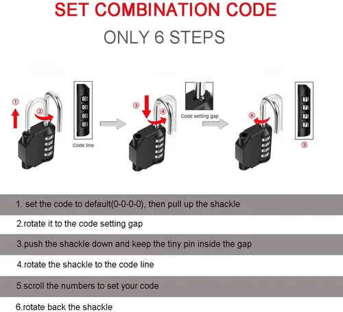 Miniatura 7 de Candado de combinación de 4 dígitos impermeable para exteriores con cable de acero para casillero de gimnasio, casco, puerta, valla, equipaje Negro