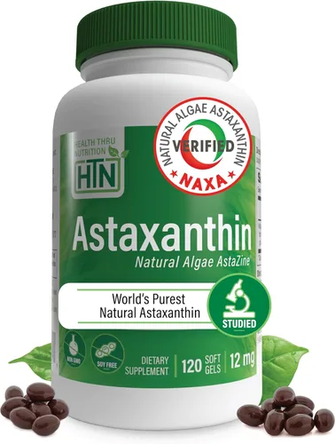 Health Thru Nutrition Astaxantina Triple Strength 12mg Suplemento 120 cápsulas blandas | AstaZine de algas cultivadas orgánicamente en agua prístina