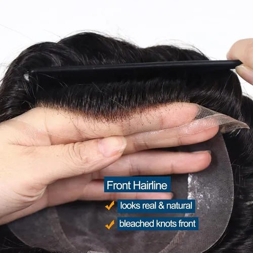 Miniatura 3 de HAPPY&CC Toupee - Piezas de cabello humano con encaje frontal suizo para hombre, parte superior fina mono con poliuretano alrededor de sistema de #1B