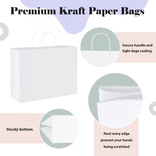 Miniatura 2 de GSSUSA Bolsas de regalo de papel grandes de 16 x 6 x 12 pulgadas, 25 bolsas de papel blanco con asas, bolsa de compras para pequeñas empresas, papel