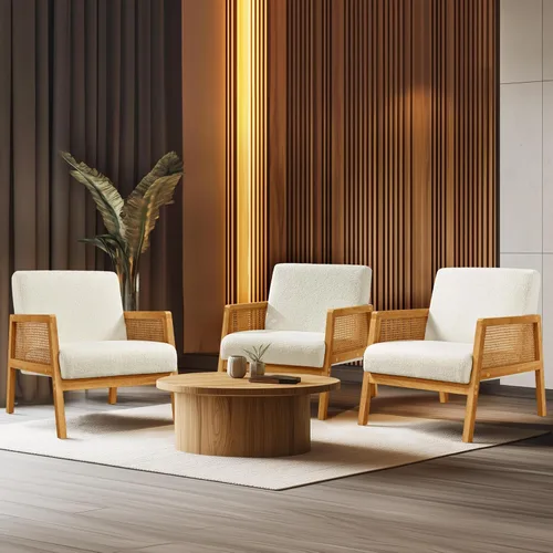 Miniatura 2 de Yaheetech Silla decorativa, sillón moderno de ratán, cómoda silla de lino con patas de madera para sala de estar, dormitorio, sala de lectura, Beige