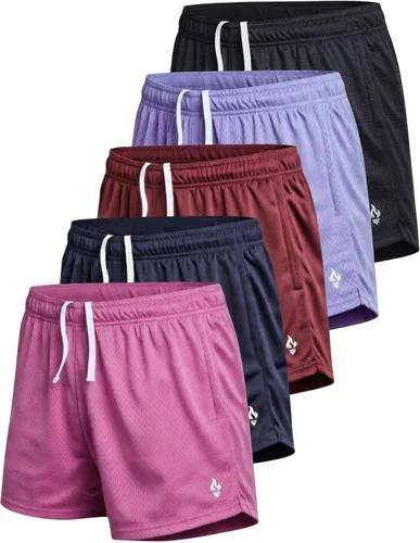 Miniatura 10 de Liberty Imports Paquete de 5 pantalones cortos deportivos de malla para mujer, entrepierna de 5 pulgadas, pantalones cortos sueltos con bolsillos