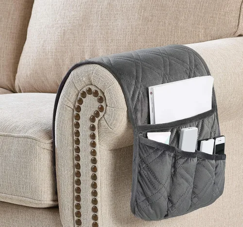 Miniatura 6 de Brilliant Sunshine - Organizador de apoyabrazos de sofá de terciopelo gris con 5 bolsillos, soporte antideslizante para sillón reclinable