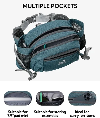Miniatura 3 de Waterfly - Riñonera Fanny Pack: Bolso Fanny con 2 soportes para botellas de agua, cinturón lumbar, para senderismo, caminatas, correr, trotar, Azul