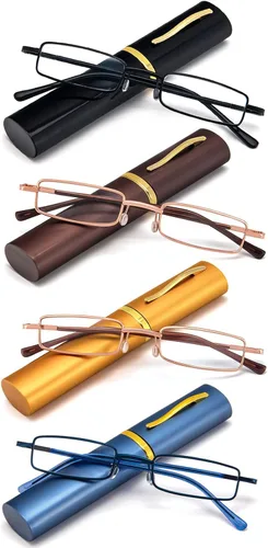 Miniatura 8 de REAVEE - 2 unidades de gafas de lectura con bolígrafo delgado para hombres y mujeres, tamaño pequeño de bolsillo, tubo con bisagra de resorte