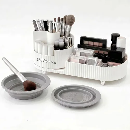 Miniatura 16 de Organizador de brochas de maquillaje giratorio de 360 grados, diseño desmontable, 5 ranuras, para cosméticos y lápices, organizador para escritorio