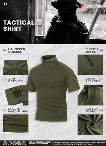 Miniatura 46 de MAGCOMSEN Camisas militares tácticas para hombre con cremallera de 1/4, manga corta, ajustada, camisa de camuflaje