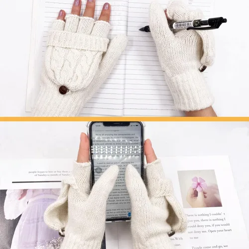 Miniatura 118 de Beurlike Guantes de invierno para mujer, de lana cálida, a prueba de viento, convertibles, sin dedos