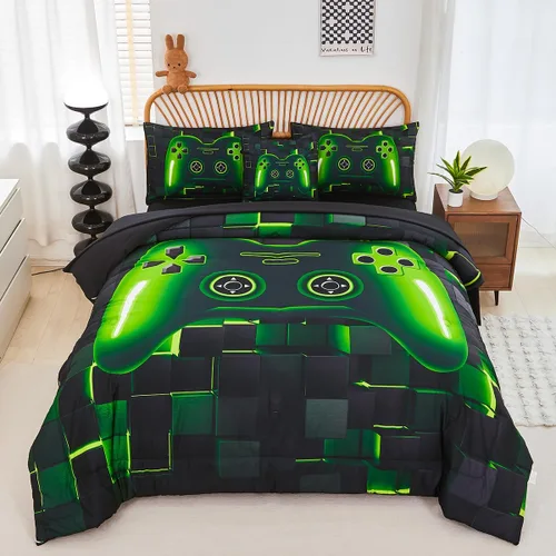 Miniatura 8 de PERFEMET Juego de ropa de cama tamaño Twin en una bolsa, 6 piezas, juego de ropa de cama gaming para niños, edredón azul gamer con juego de sábanas