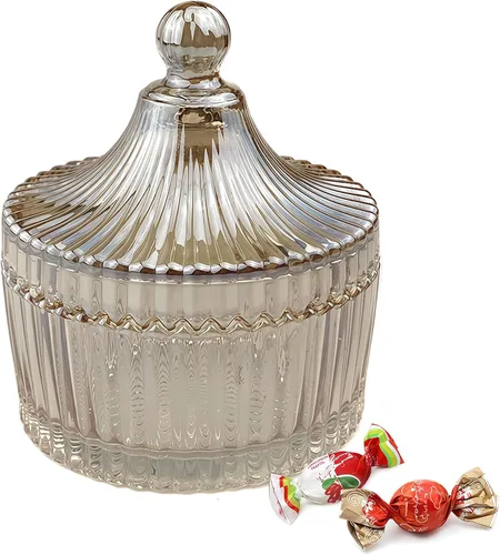 QUUPY Plato de cristal esmaltado para dulces con tapa en forma de yurta, cuenco de servidor de azúcar de cristal, caja de tarro de galletas