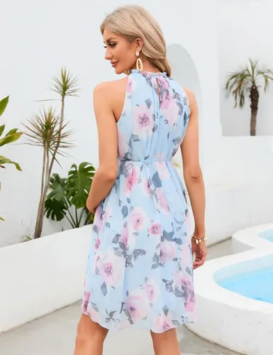 Miniatura 6 de KOJOOIN Vestido de maternidad con cuello halter y volantes, de verano, casual, bohemio, sin mangas, de cintura alta, fluido para sesión de fotos